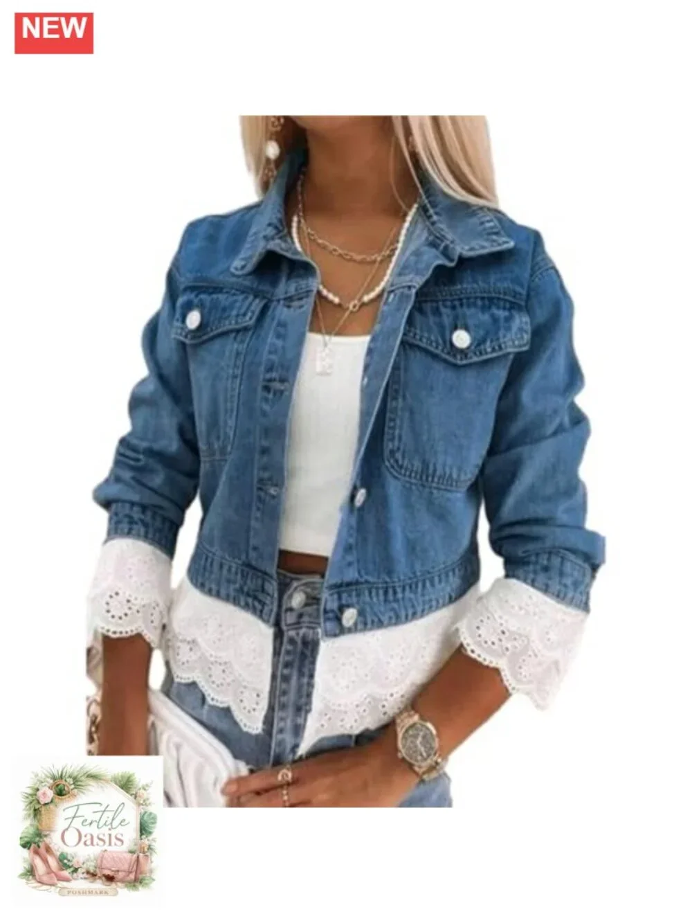 Trendy Color Block Lace Denim Jacket Oversized Button Down Shacket